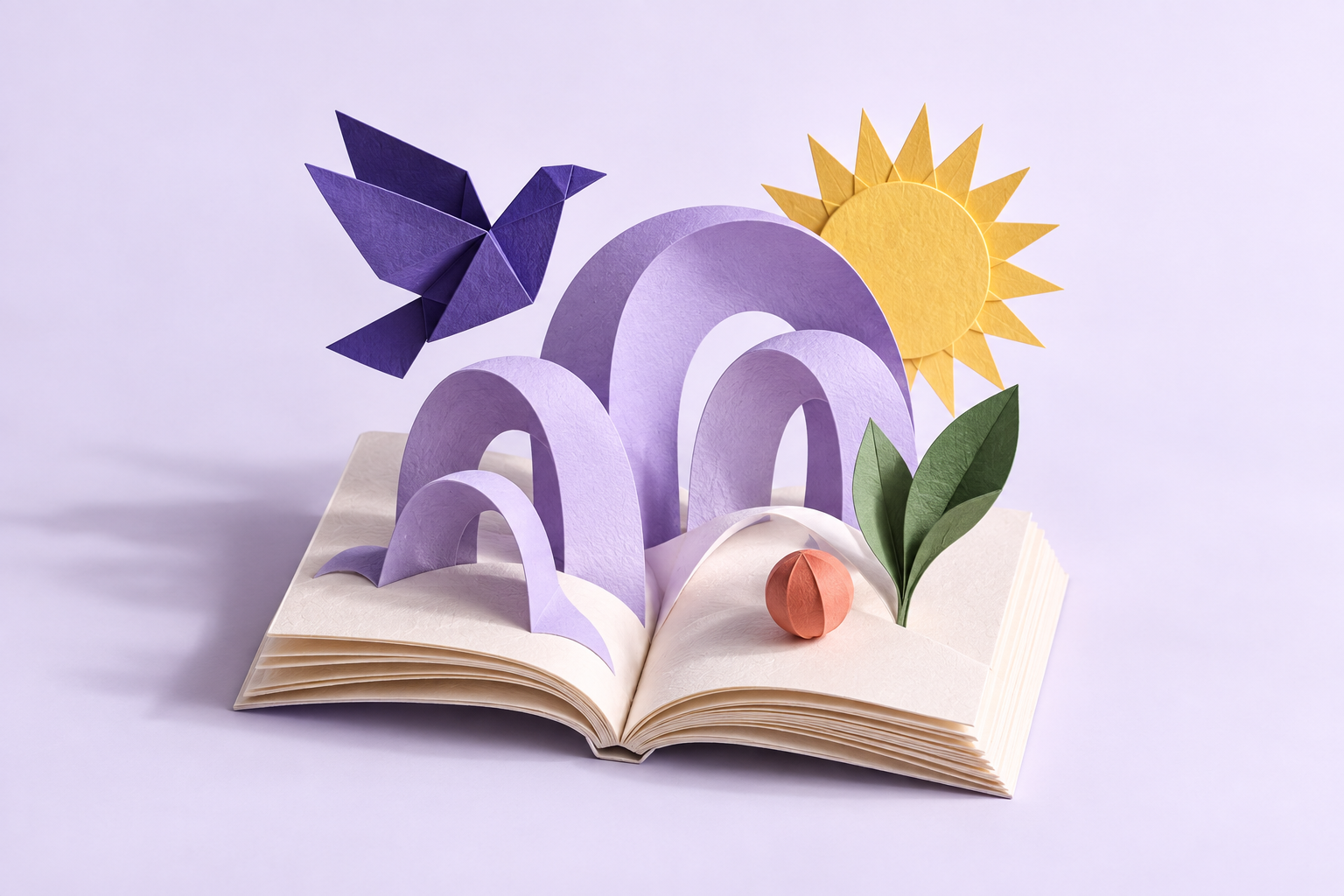 An open paper book becomes a world of lavender arches, a bird, a sun, and a growing leaf